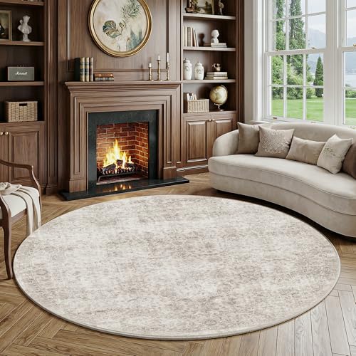 FMFUNCTEX 8ft Round Washable Area Rug Beige Vintage Neutral Distressed