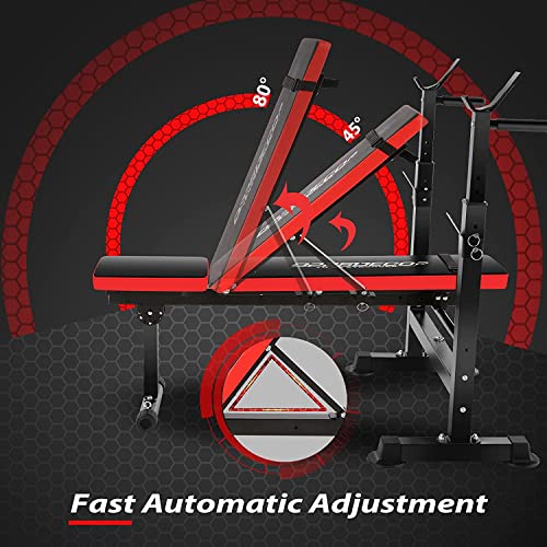 Adjustable Weight Bench with Squat Rack Fitness Workout Barbell Rack Bench Folding Workout Bench with Pull Rope for Home Gym (Scarlet)
