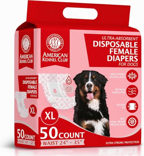 American Kennel Club Female Dog Wrap, Disposable Diapers with Wetness Indicator, (Extra Large – Low Tail, 50, Count)