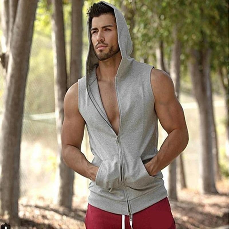 Men's Sleeveless Hooded Vest Zipper Closure Fitness Sports Casual Top