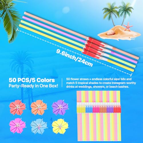 WELLFAR Fun Umbrella Drink Straws, Tropical Cocktail Straws with Mini Umbrella, Tiki & Hawaiian Party Decorations, Colorful Parasol Straw for Margarita, Pina Colada, Mojito, Summer Beverages. 50 PCS