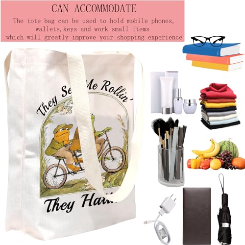 POFULL Frog Inspired Gift They See Me Rollin Tote Bag Literary Gift (Frog They See Tote Bag)2