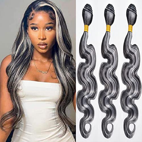 Highlight Grey Human Hair Bundles Body Wave Brazilian Remy Hair Extensions For Women 3 Bundles Highlight Weaves Black To Grey 3 Bundle 18 20 22 Inch