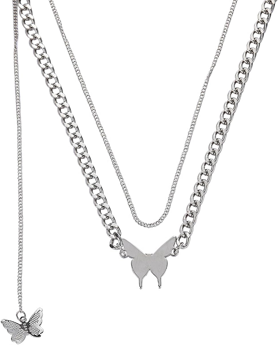 Rrdaily Silver Layered Stackable Butterfly Pendant Necklace for Women,Trendy Statement Butterfly Cuban Chain Necklace,Dainty Birthday Party Jewelry Gifts - Image 8