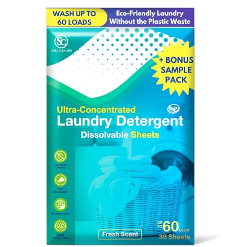 Soluble Care: 60 Loads Laundry Detergent Sheets (Ultra-Concentrated, Earth Friendly, Sustainable, Liquid-Free Solution), Includes Free 4-Sheet Bonus Pack – Fresh Scent