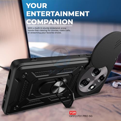 Image of Heavy Duty Back Case Cover for Oppo F31 Pro Plus 5G, Shockproof Oppo F31 Pro Plus Back Cover, Ring Case with Kickstand and Camera Protection Shutter - Black