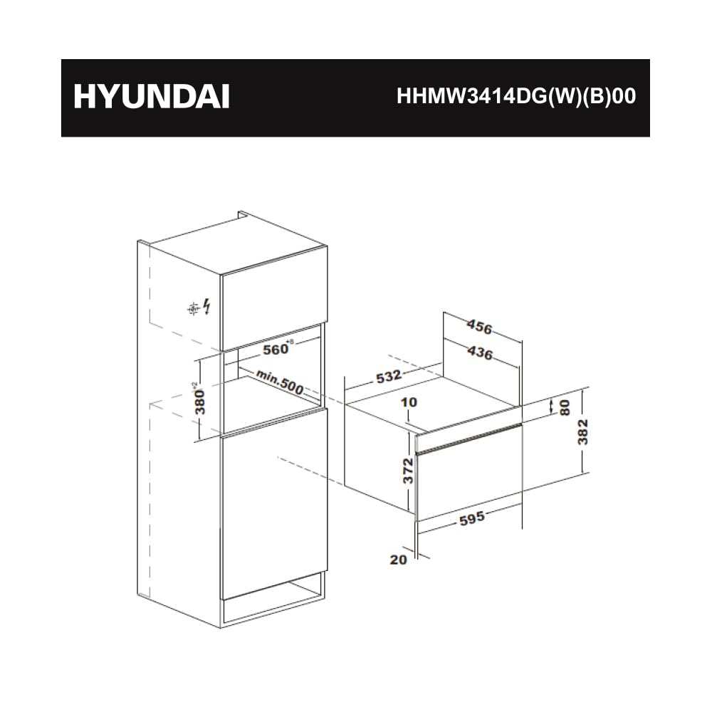 Hyundai Microondas 34 Litros Integrable con Grill Cristal negro HHMW3414DGB00. 900W, Grill 1100W, 11 Programas, Modo Descongelación, Revestimiento Interior, Fácil Limpieza, Temporizador 95min.