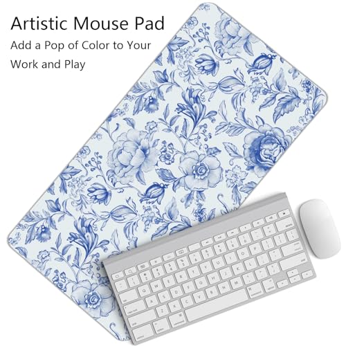Image of Blue Chinoiserie Mouse Pad,Blue and White Floral Desk Mat, Large Floral Preppy Trendy Mouse Pad,Girly Gaming Mousepad,Girly Laptop Desk Mat for Dorm Home Office Decor,23.6x11.8 Inch