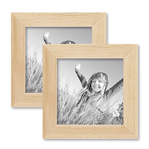 PHOTOLINI 2er Set Bilderrahmen 10x10 cm Kiefer Natur Modern Massivholz-Rahmen mit Glasscheibe und Zubehör/Fotorahmen Cover