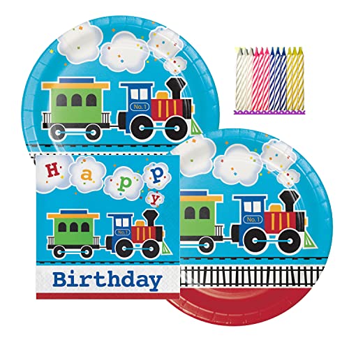 All Aboard The Train Birthday Theme Plates and Napkins Serves 16 With Birthday Candles