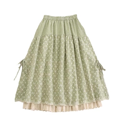 Falda acampanada de estilo japonés para mujer, con bordado a cuadros, de algodón y lino, estilo casual, En8, Altoa única