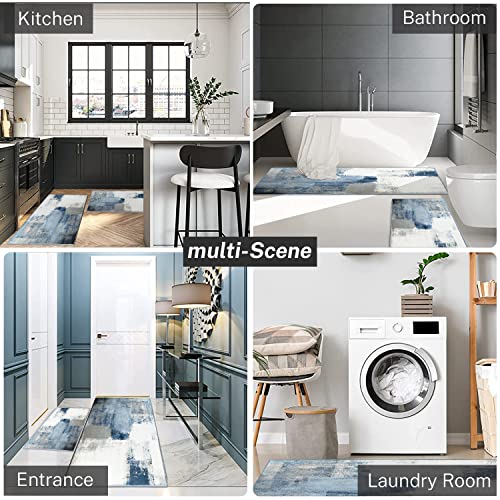 Tayney Blue Abstract Kitchen Rugs And Mats Non Skid Washable Set Of 2, Grey White Modern Kitchen Decor, Geometric Painting Graffiti Art Decor Kitchen Runner Rug #TOP4