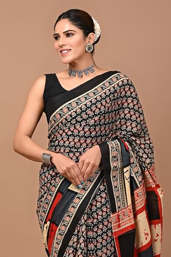 Image of Crafts Moda Hand Block Ajrakh Print Cotton Saree for women with Blouse | Soft comfortable wear sari