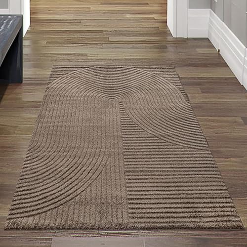 Teppich-Traum Wohnzimmerteppich Teppichläufer Gang Korridor angenehm flauschig Hoch-Tief-Effekt Bogenmuster in braun, 80 x 150 cm