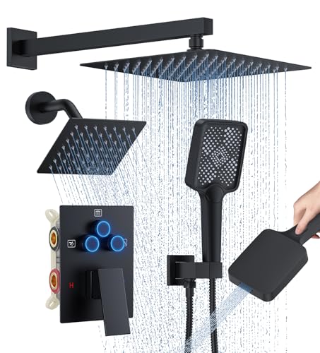 Image of WOINDO Shower Faucet Set, 10 inch Wall Mount Rainfall Shower System with 2 Rain Shower Head and Multi-function Handheld Head Push Button Diverter Shower Faucet Trim Kit