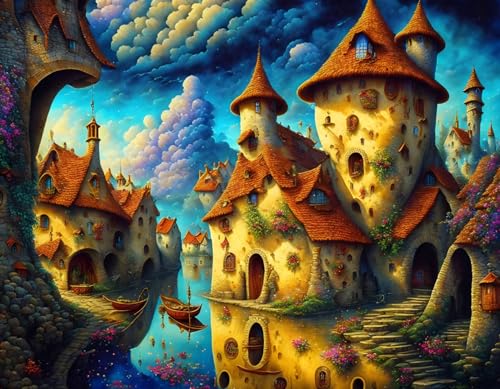 Affiches sur toile village médiéval 58x90cm peinture aquarelle rétro pour déco murale