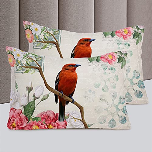 Seven Roses Set Of 4 Bedding Quilt Covers, Vintage Red Bird Tree Branches 4-Piece Bed Sheet Set With Extra Soft Bed Sheets Quilt Cover Pillowcase, Retro Floral Letter Postage Stamp Full #TOP4