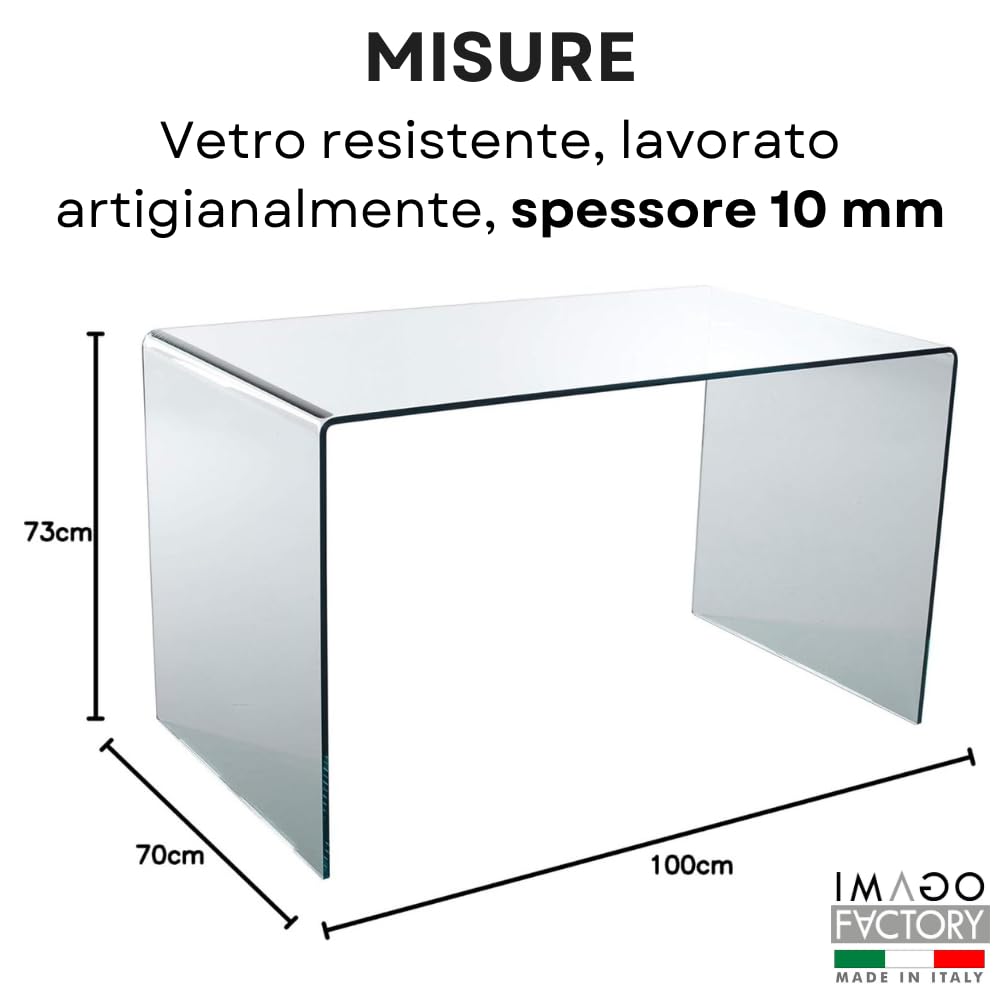 Imago Factory Scriba – Escritorio de estudio y oficina de cristal moderno (100 x 70 cm), ideal para casa y oficina, fabricado con puente de cristal curvado transparente