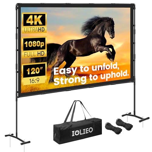 Image of Projector Screen with Stand, 120 Inch, 16:9 Outdoor Portable Screen, Unique Retractable Design for Yard,Patio,Camping,Night Party,Office, School Indoor Use, Washable Fordable White Screen by IOLIEO