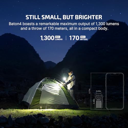 Image of OLIGHT Baton4 Premium Edition EDC Flashlights 1300 Lumens with Type-C Charging Box, Powered by Rechargeable Battery, Small Bright Light IPX8 Waterproof for Emergencies, Outdoors (Guidance)