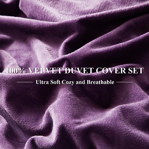 Ivellow Velvet Flannel Duvet Cover Set King Size Purple Duvet Ultra Soft Breathable Cozy Velour Luxury Bedding Set Zipper Closure Corner Ties