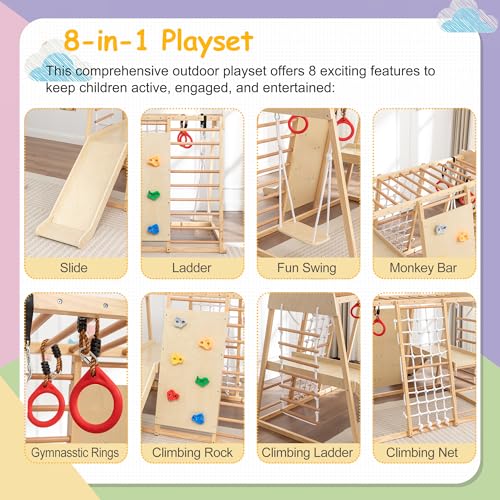 Image of 8-in-1 Wooden Indoor Jungle Gym for Toddlers, Montessori Climbing Playset with Slide, Swing, Climbing Net, Rings, Monkey Bars - Indoor Playground for Kids Ages 3-8