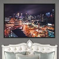 Framed Canvas Wall Art City Illuminations Aerial Cityscape Contemporary Multicolor Photography Places Realism - 16x24 inches