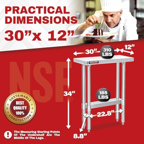 Image of DuraSteel 30x12 Stainless Steel Work Table - NSF Commercial Prep Metal Table - Outdoor Pizza Oven Stand w /Under Shelf - Kitchen Island Laundry Utility Garage Microwave Stand Large Rolling Storage Cart