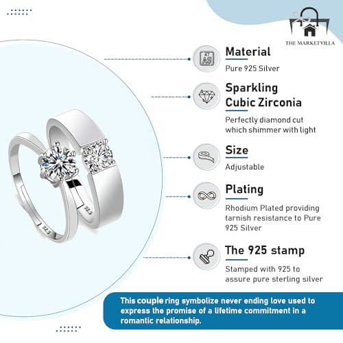 Image of THE MARKETVILLA 925 Sterling Silver Ring For Unisex Adult|Solitaire Crystal Style| Rings for Couple - Adjustable Size