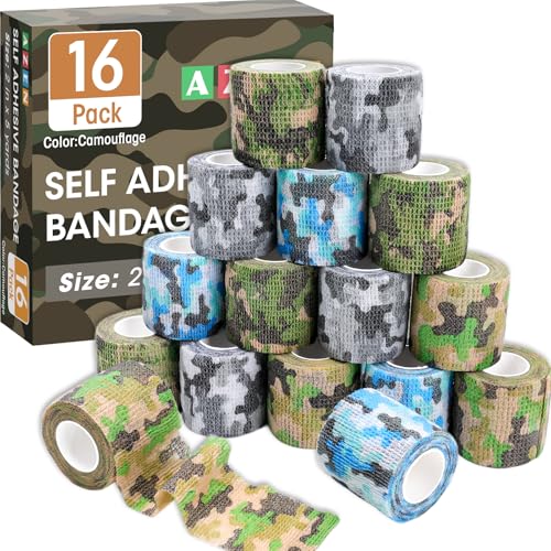 Image of AZEN 16 Pack Camo Self Adhesive Bandage Wrap, 2 inch X 5 Yards Elastic Cohesive Bandage Wrap, Athletic Tape, Vet Wrap, Ankle Tape, Tattoo Tape Wrap (Camo)