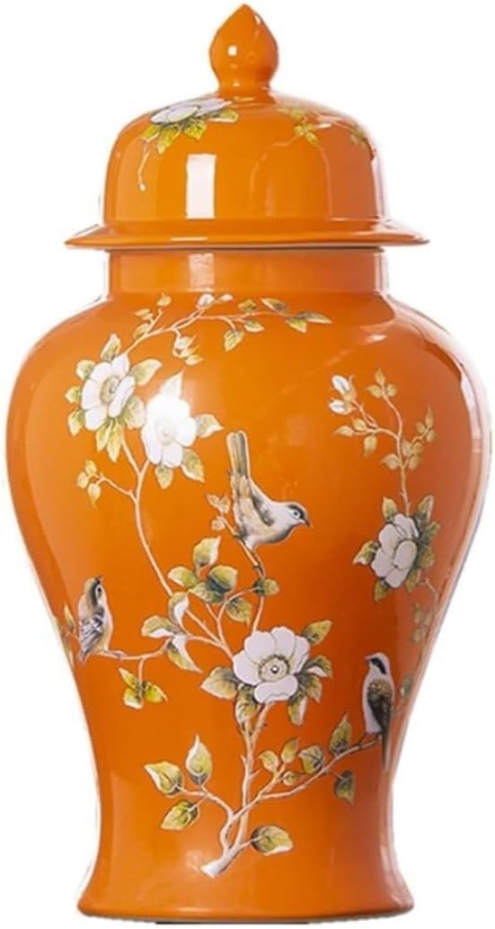 Vase Tabletop Ceramic Vases Ginger Jar With Lid Home Decor Large Orange Flower Birds Temple Jar Decorative(19 * 37cm)