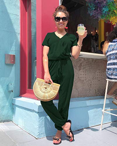 PRETTYGARDEN Women's Summer Casual Deep V Neck Short Sleeve Wrap Drawstring Waist Jumpsuit Romper Dark Green
