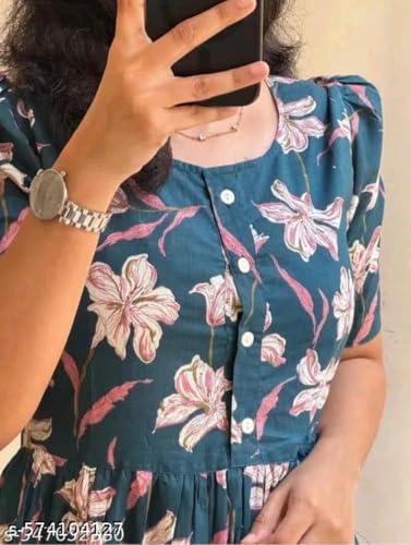Image of Women's Rayon A-Line Midi Dress, Floral Print, Short Sleeves, Round Neck, Tiered Design