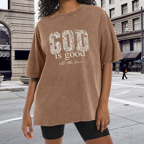Image of Christian God is Good Shirts for Women Jesus Faith Religious T Shirts Floral Graphic Oversized Acid Washed Tee Tops