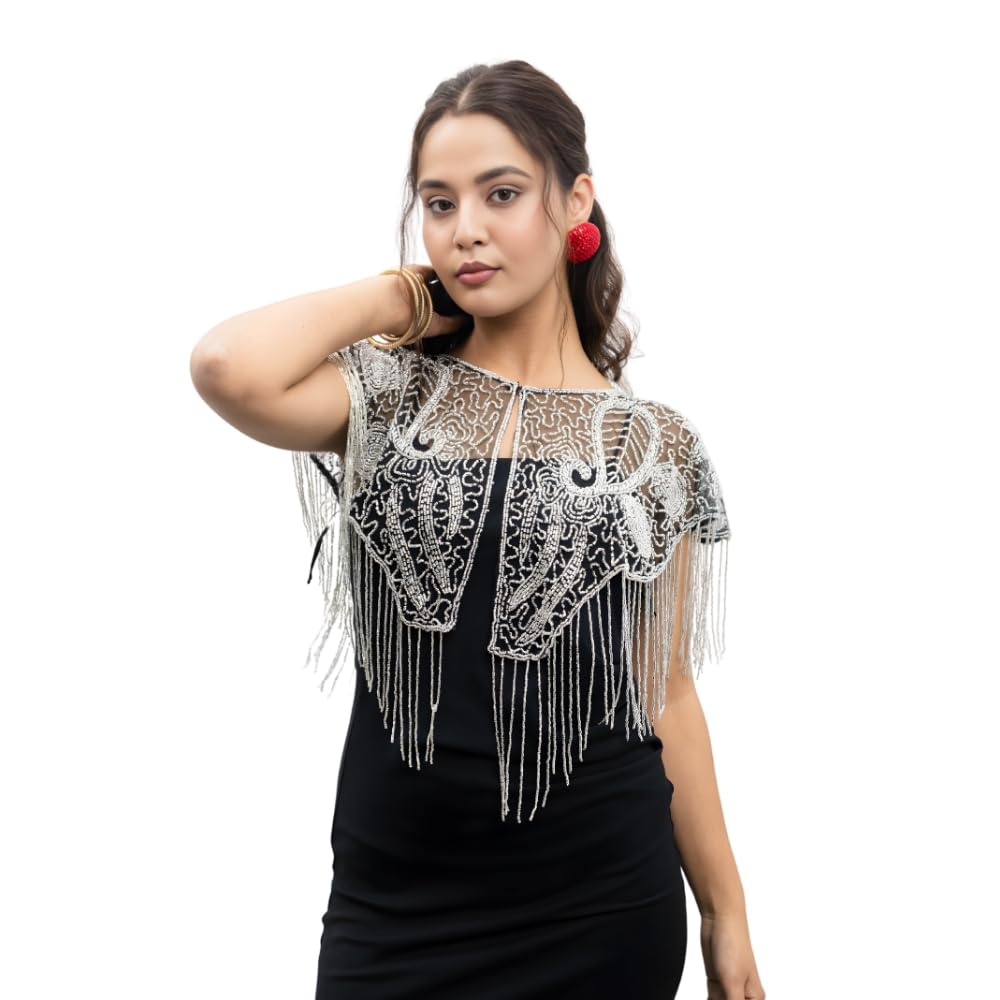 Women’s Silver Fringe Short Cape with Embroidered Net and Tubelight Cutdana Work | Free Size Designer Capelet for Ethnic and Fusion Outfits