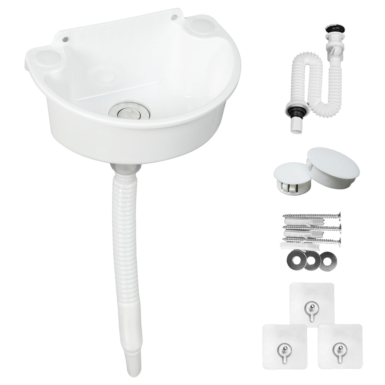 Fregadero de plástico, fregadero de lavabo, pequeños lavabos colgantes con accesorios de drenaje, fregadero para autocaravana para camping, jardín, sótano, baño de obra (blanco)