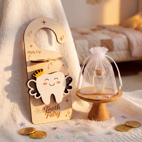 Image of DoubleFill Fairy Tooth Gift Holder Bag Door Hanger Tooth Fairy Kit Stores Lost Teeth Keepsake Box S torage Gifts for Lost Teeth Boy Girls