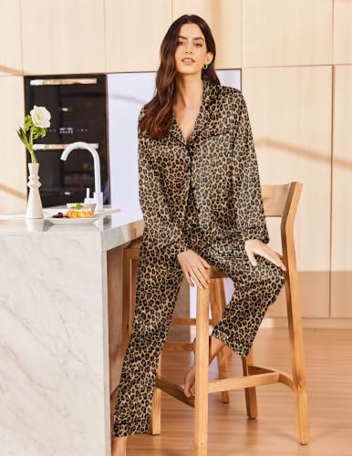 Image of Ekouaer Pajamas for Women Silk Satin Button Down Long Sleeve Pajama Sets