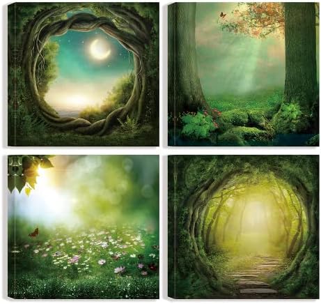 Forest Landscape Canvas Wall Art Green Trees Nature Scenery Paintings Wonderland Pictures Artwork Prints for Farmhouse Kitchen Bedroom 16"x16"x4 Pieces
