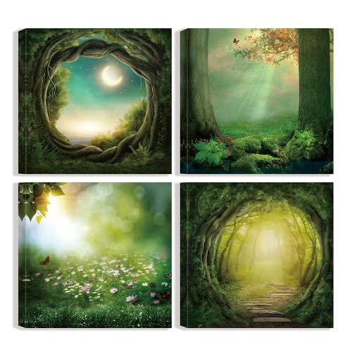 Forest Landscape Canvas Wall Art Green Trees Nature Scenery Paintings Wonderland Pictures Artwork Prints For Farmhouse Kitchen Bedroom 16"X16"X4 Pieces #TOP21