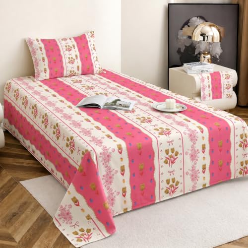 Image of IVAZA 240 TC Soft Ezyption Floral Single Bed Sheet Cotton - Single bedsheet with 1 Pillow Cover Hypoallergenic, Brethable, (Size- 60 x 90 Inch Pink Flower