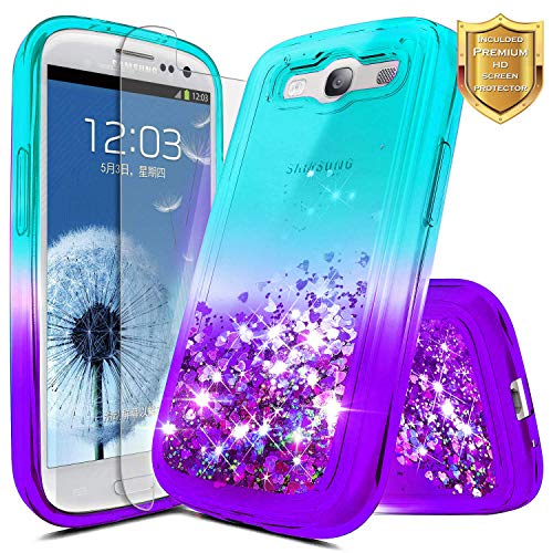 Galaxy S3 Case w/[Screen Protector HD], NageBee Glitter Liquid Quicksand Waterfall Floating Flowing Sparkle Shiny Bling Diamond Girls Cute Case for Galaxy S3 (S III I9300 GS3) -Aqua/Purple