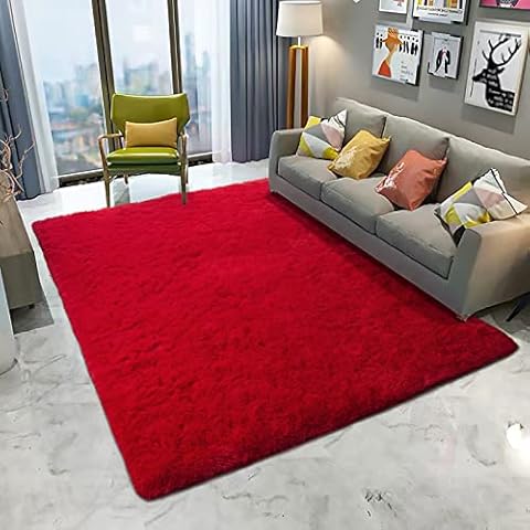 DETUM Red Rug 6x9 Feet - Fluffy Red Area Rugs for Bedroom Shaggy 6' X 9' Living Room Rug Soft Rugs for Kids Room Non-Slip Nursery Office Dorm Washable Carpets Home Decor Cover