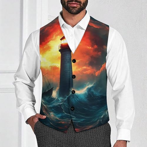 Lighthouse Stormy Wave Suit Vest for Men Slim Fit Tuxedo Waistcoat Button Down V Neck Business Dress Coat4