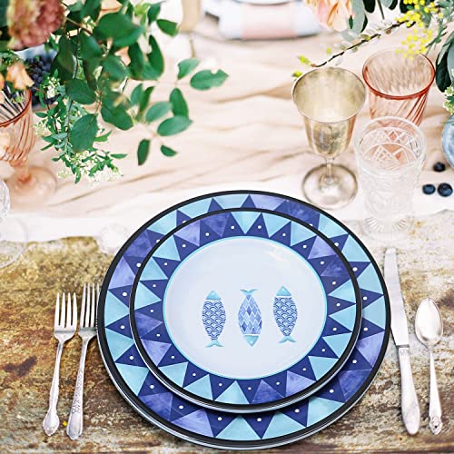 12-Piece Melamine Dinnerware Set,Includes Dinner Plates,Salad Plates Bowls Service For 4,Reusable Picnic Tableware Dinnerware For Summer Outdoors,Dishwasher Safe (Nautical Fish) #TOP2
