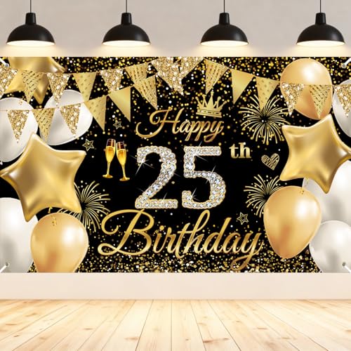 25th Birthday Decoration Banner for Men and Women, Black Gold Happy Birthday Banner Large, 25th Birthday Background, 25th Birthday Party Decorations, Extra Large Fabric Sign Poster 180 x 110 cm
