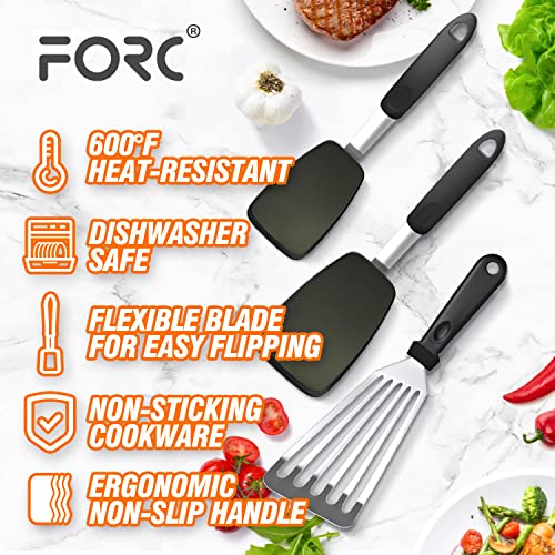 Forc Spatulas for Nonstick Cookware, 3 Pack 600°F Spatulas Silicone Heat Resistant, Spatulas Turner, Kitchen Spatulas for Steak,Eggs,Burger,Crepes,Cookie, Black