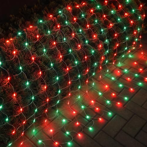 Image of Dazzle Bright Christmas Net Lights, 360 LED 12FT x 5 FT Transparent Wire Waterproof Connectable String Lights with 8 Modes for Bushes Garden Party Holiday Decoration (Red and Green)