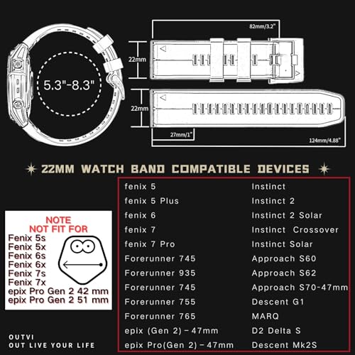 image for OUTVI 22mm watch band for garmin fenix 5 6 7 pro Solar Forerunner 965 