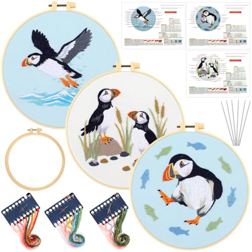 Image of Mindsoft 3 Set Needlepoint Kit for Beginners with Hoop,Sea Bird
